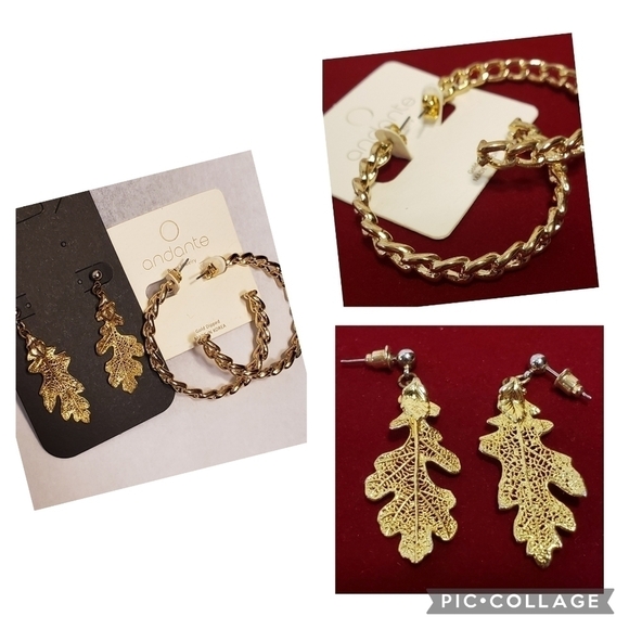 Andante Gold Dipped Large Hoop Earrings NWT & Gold Dipped Leaf Earrings REDUCED - Picture 1 of 8